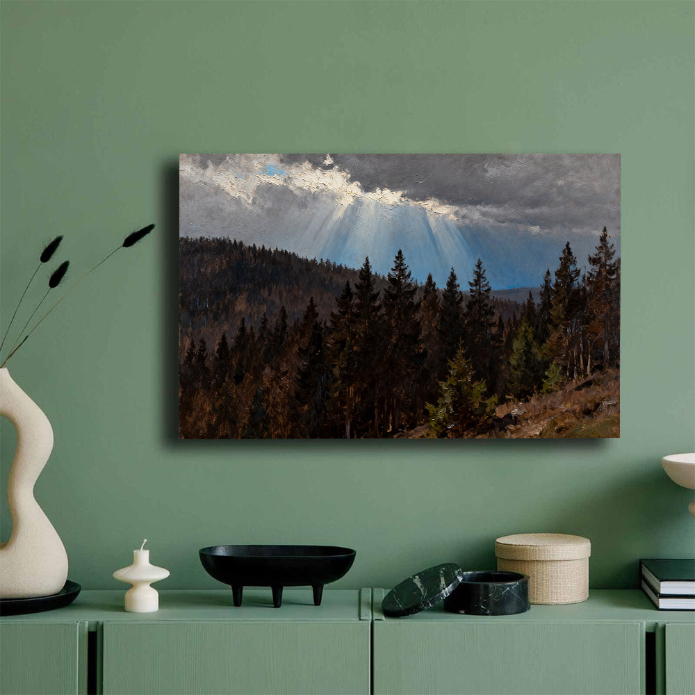Light Through Stormclouds canvas wall art, mockup on a green wall.
