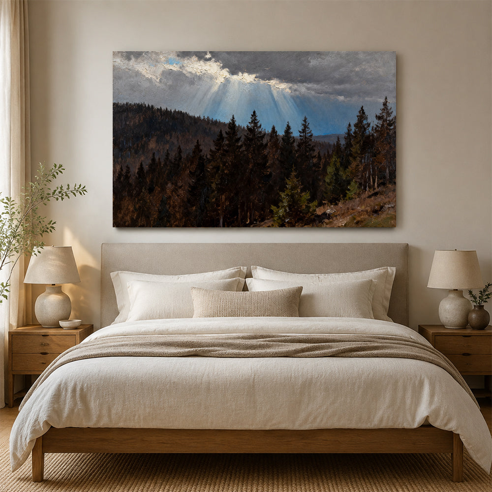 Light Through Stormclouds canvas wall art, bedroom mockup above a bed.