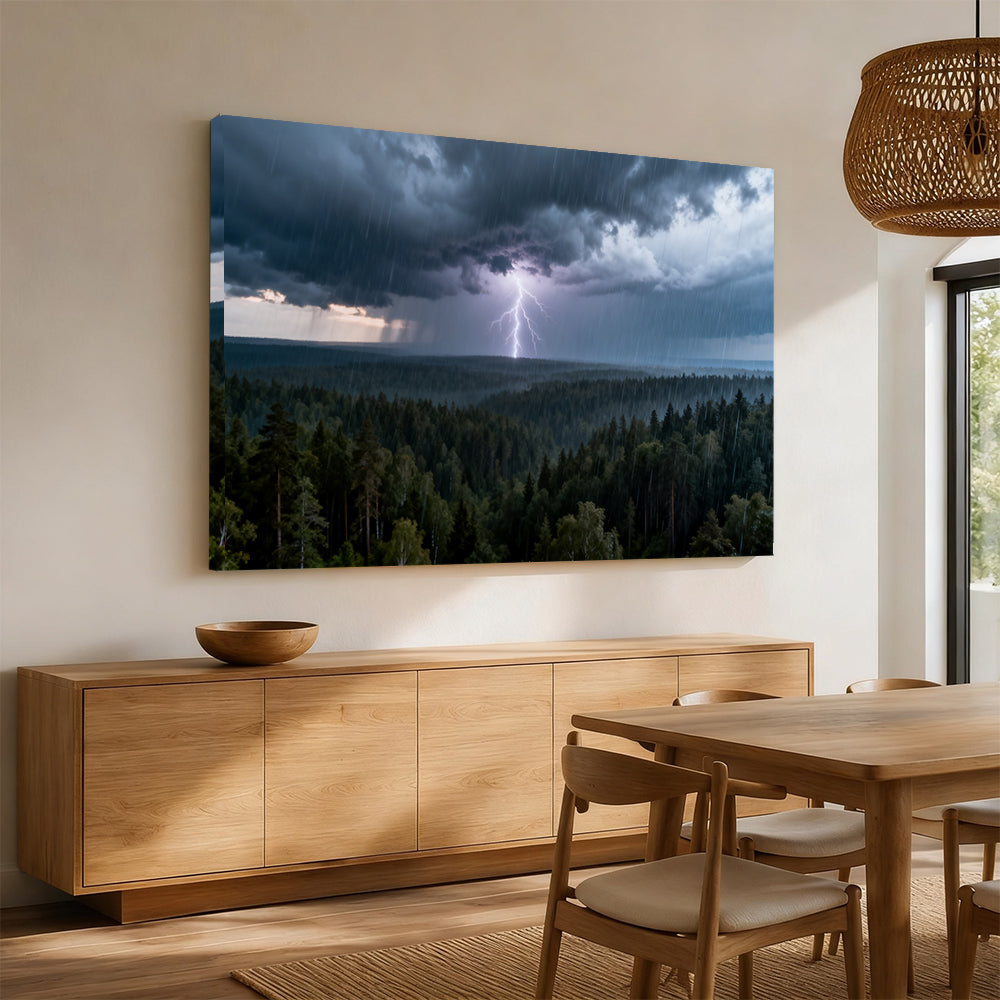 Lightning Over Pines canvas wall art, angled mockup above a sideboard.