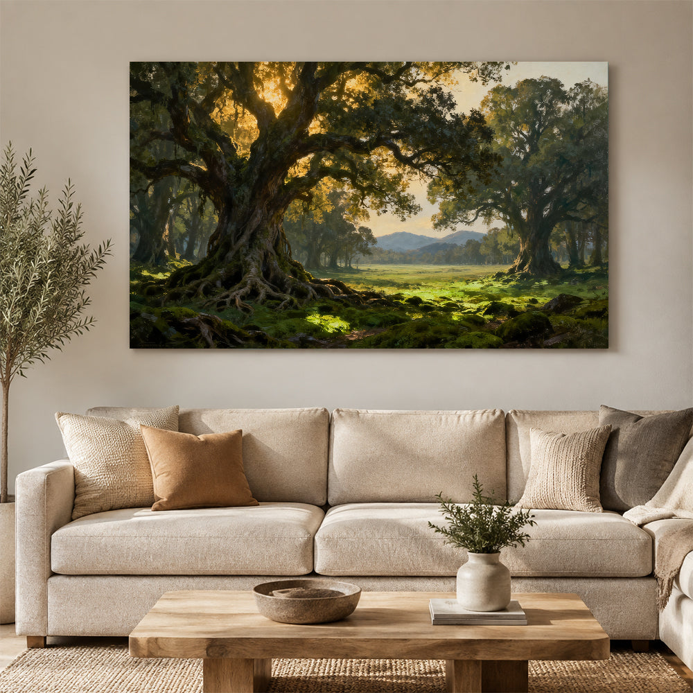 Ancient Woodland Arch canvas wall art, living room mockup above a sofa.