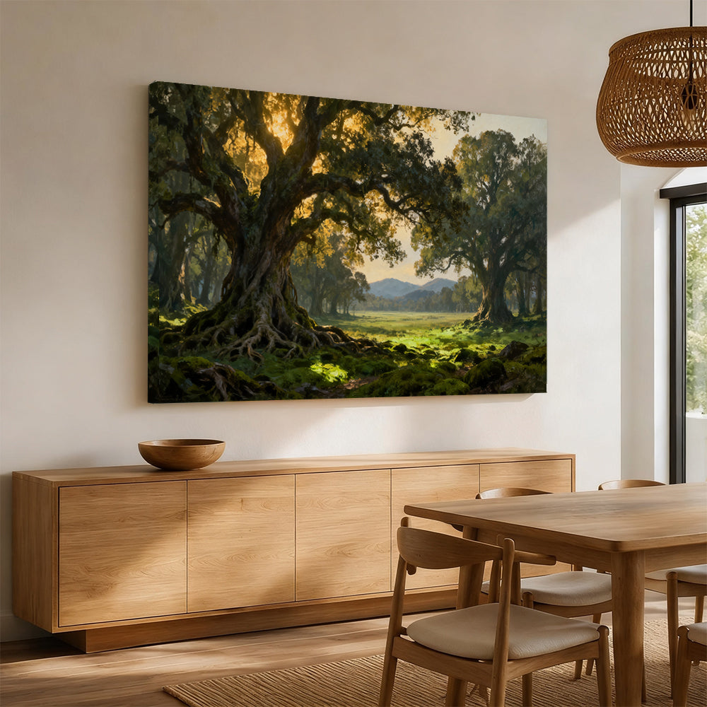 Ancient Woodland Arch canvas wall art, angled mockup above a sideboard.
