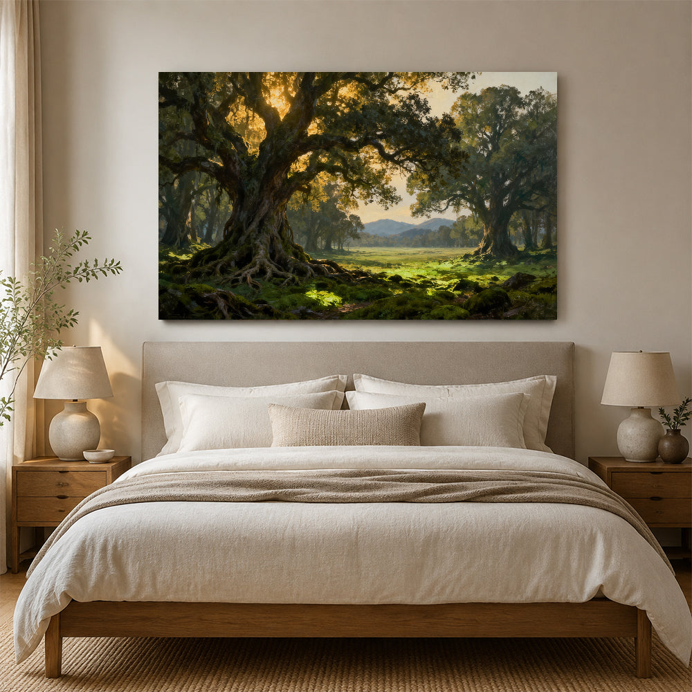 Ancient Woodland Arch canvas wall art, bedroom mockup above a bed.