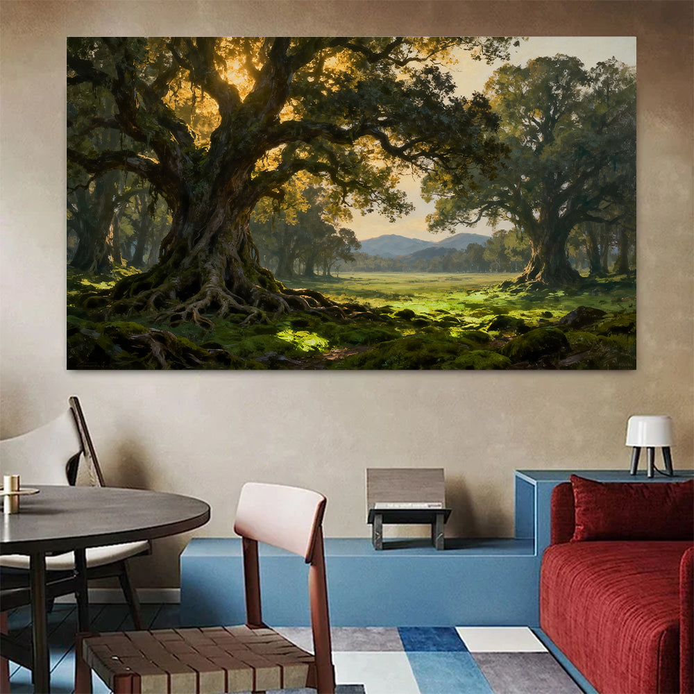 Ancient Woodland Arch canvas wall art, colorful room mockup.