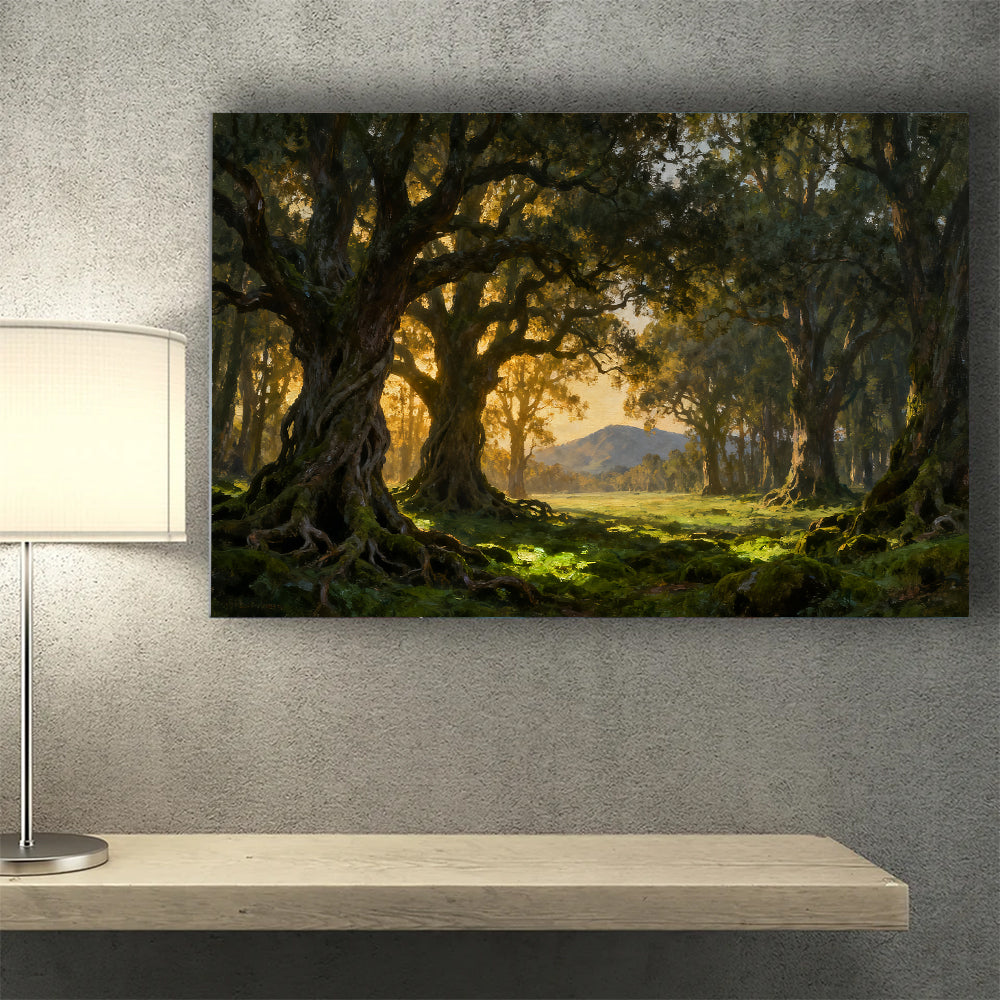 Golden Forest Gateway canvas wall art, wall mockup above a console.