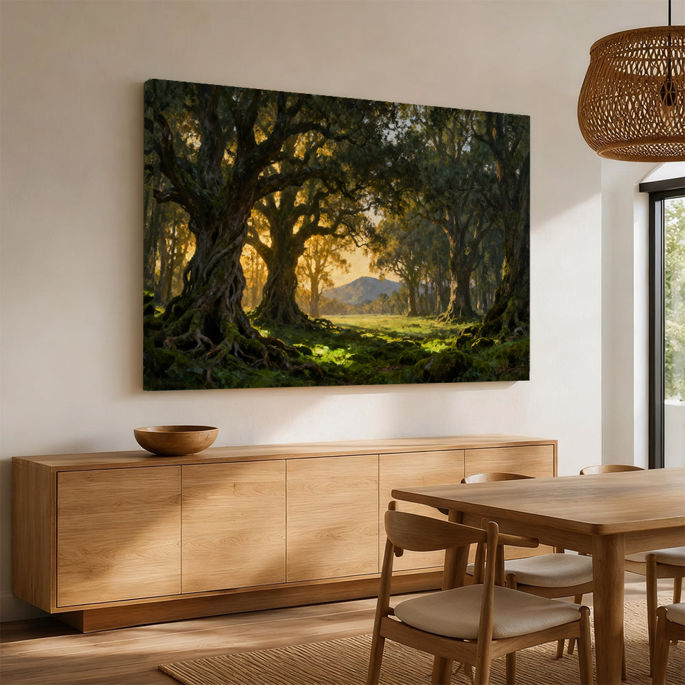 Golden Forest Gateway canvas wall art, angled mockup above a sideboard.