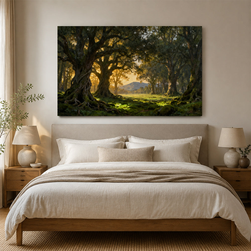 Golden Forest Gateway canvas wall art, bedroom mockup above a bed.