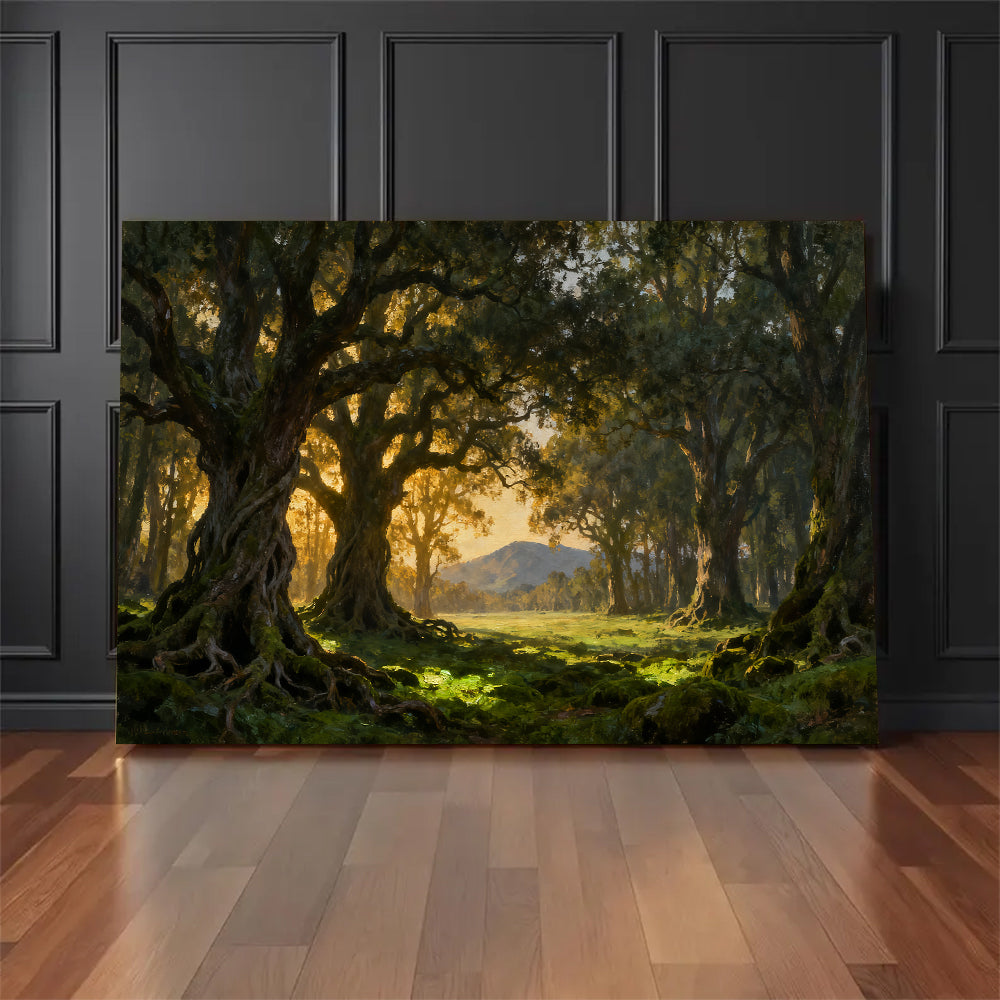 Golden Forest Gateway canvas wall art, floor display against a dark wall.