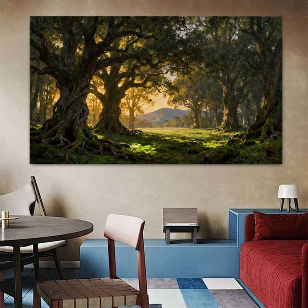 Golden Forest Gateway canvas wall art, colorful room mockup.