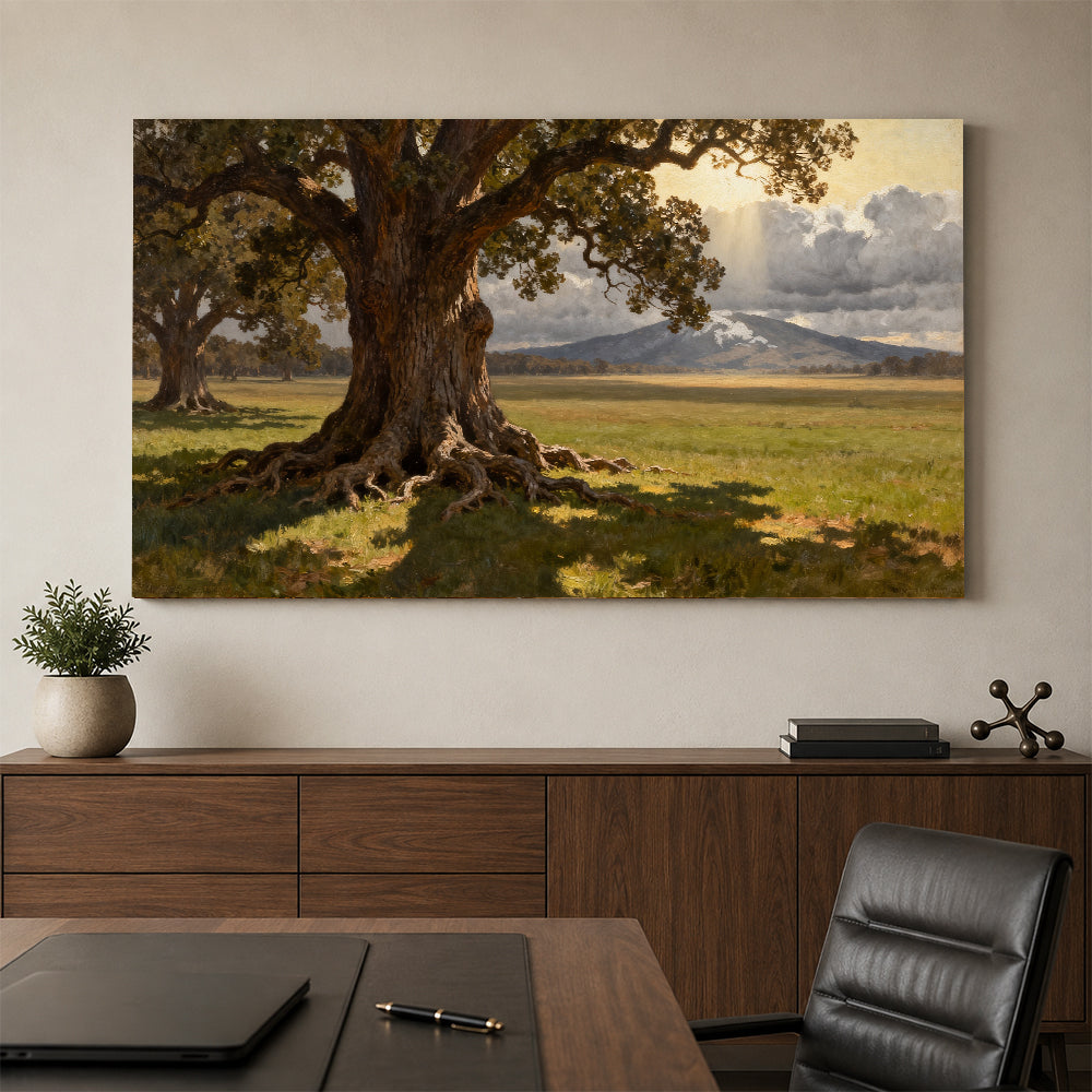 Old Oak Meadow canvas wall art, office mockup above a desk.