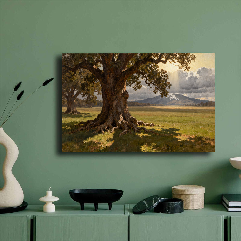 Old Oak Meadow canvas wall art, mockup on a green wall.