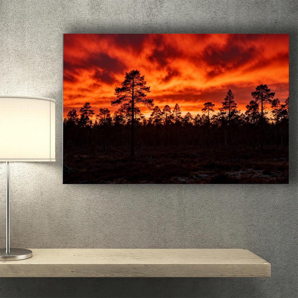 Fiery Pine Horizon canvas wall art, wall mockup above a console.