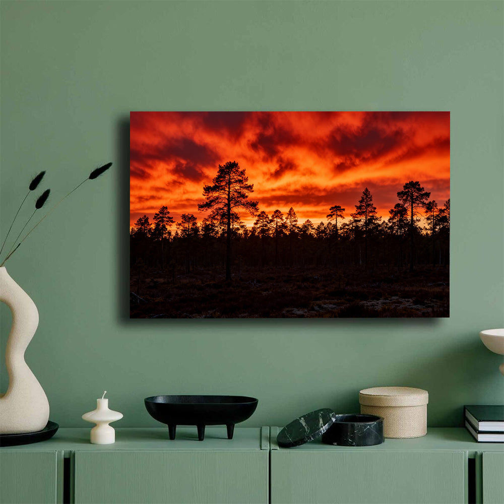Fiery Pine Horizon canvas wall art, mockup on a green wall.