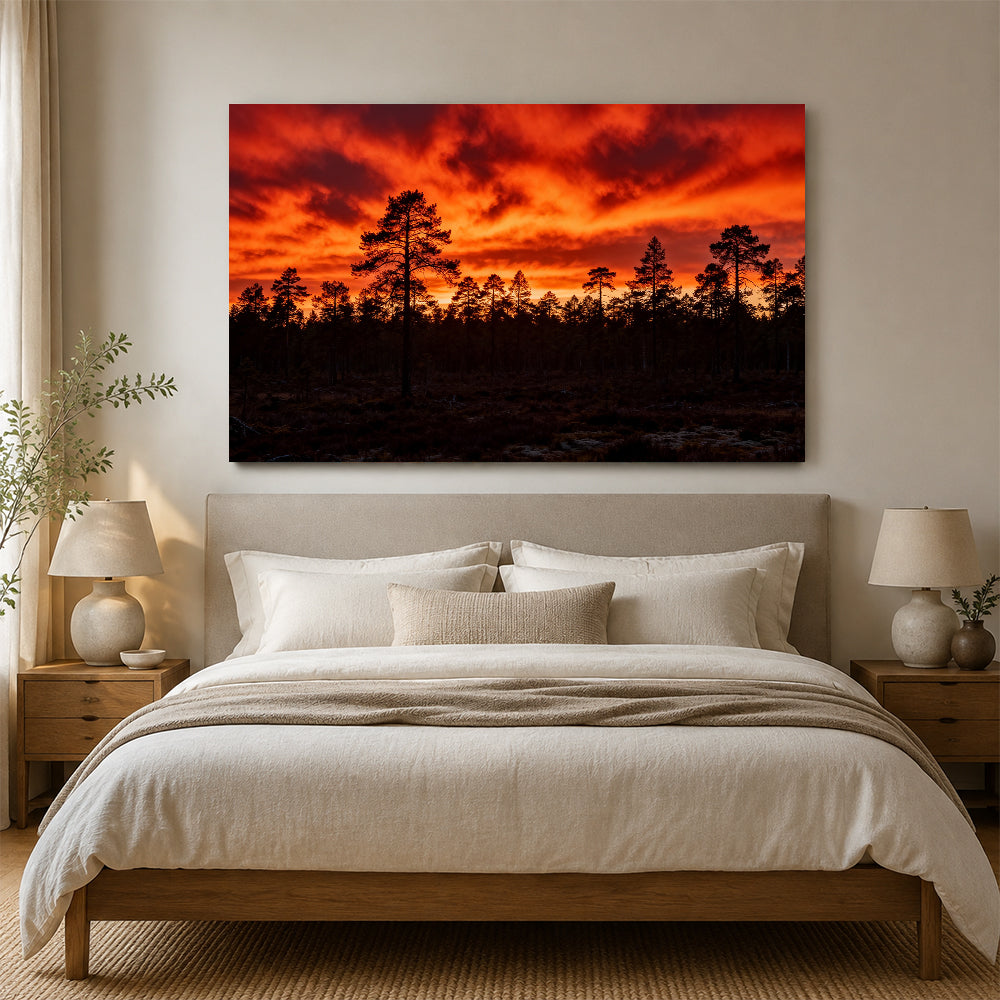Fiery Pine Horizon canvas wall art, bedroom mockup above a bed.