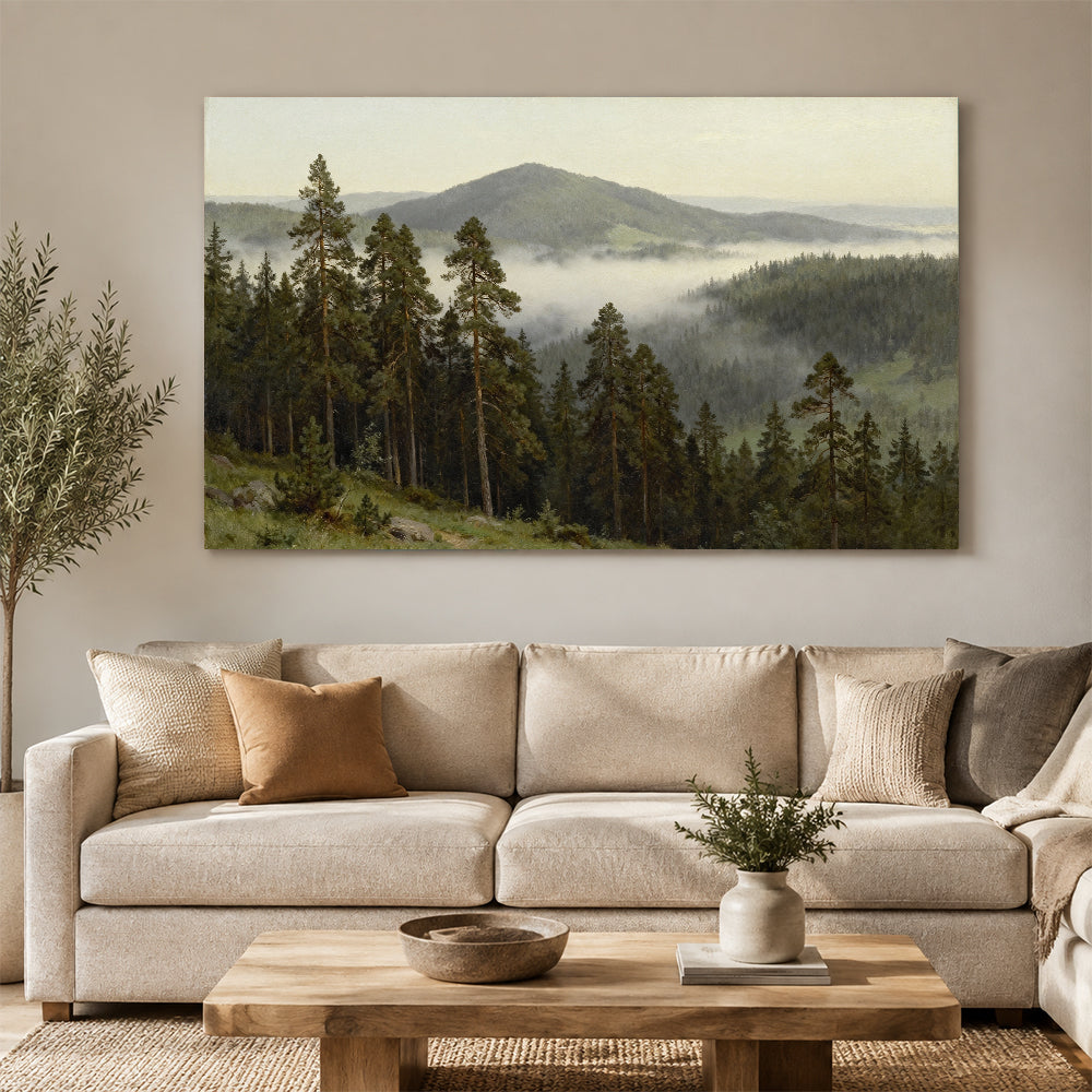 Quiet Misty Foothills canvas wall art, living room mockup above a sofa.