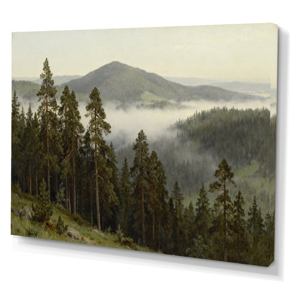 Quiet Misty Foothills canvas wall art, angled canvas mockup on a white background.