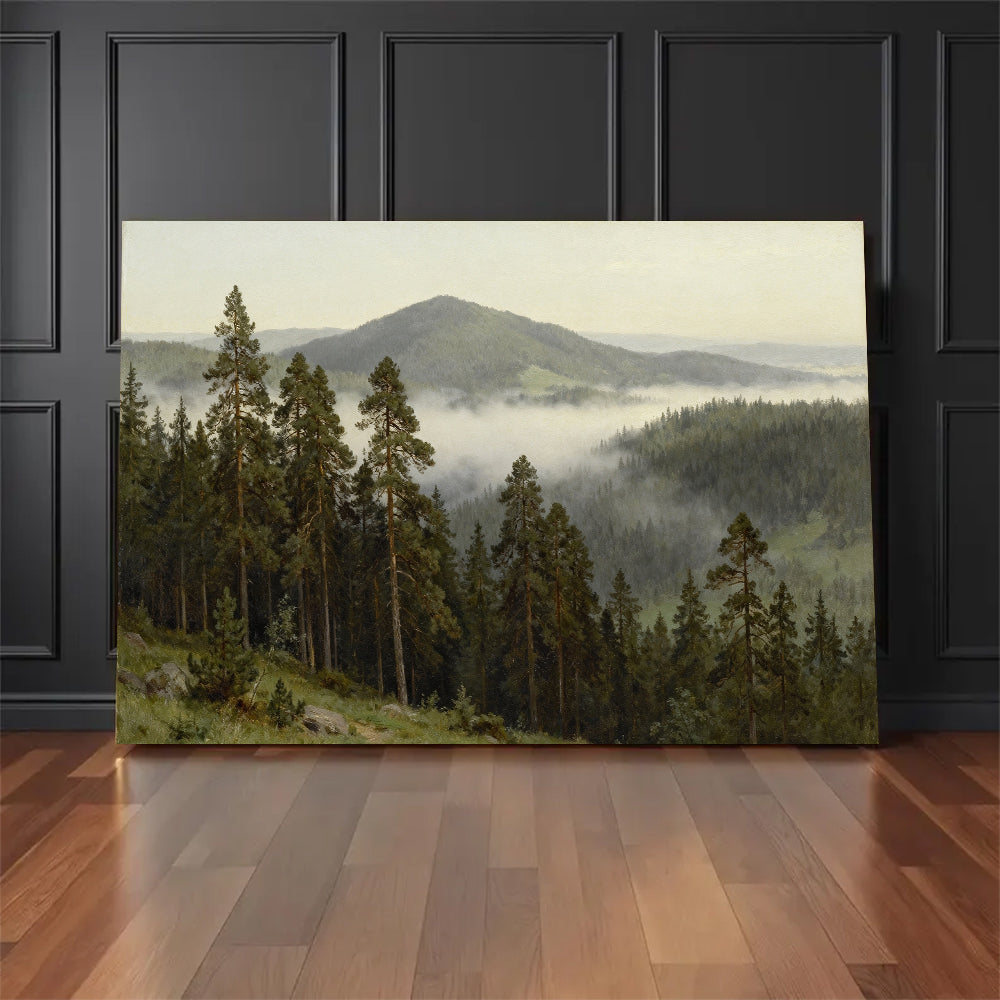 Quiet Misty Foothills canvas wall art, floor display against a dark wall.