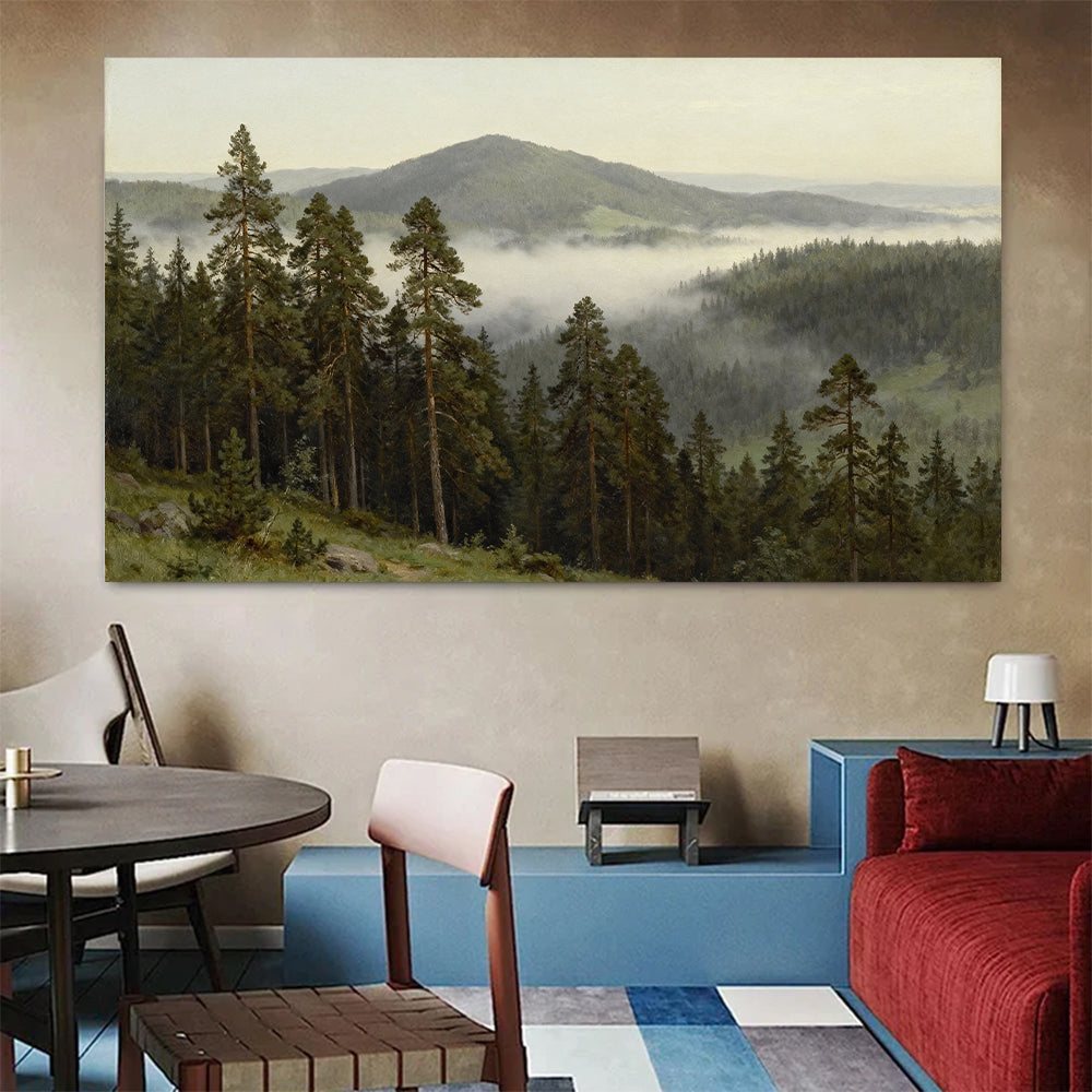 Quiet Misty Foothills canvas wall art, colorful room mockup.