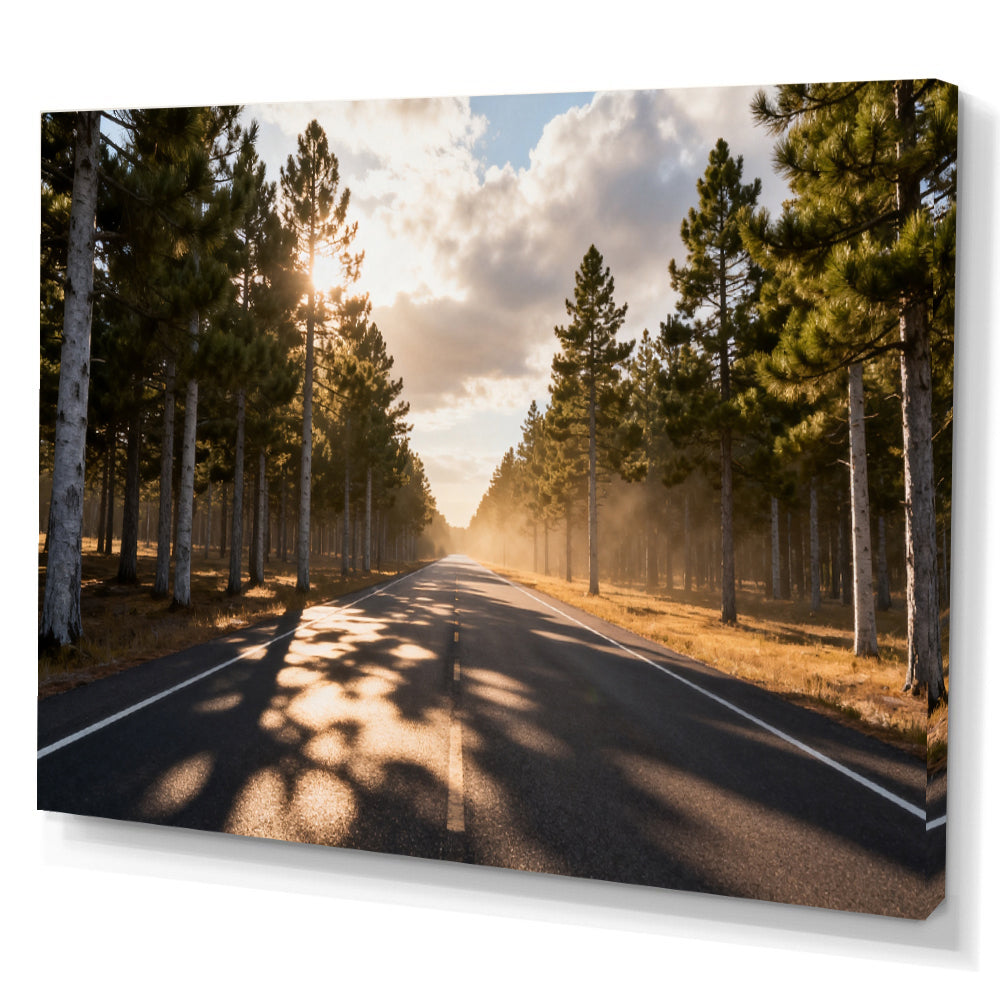 Sunlit Forest Road canvas wall art, angled canvas mockup on a white background.