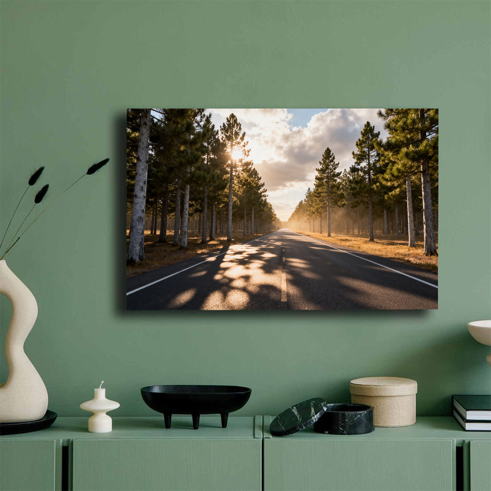 Sunlit Forest Road canvas wall art, mockup on a green wall.