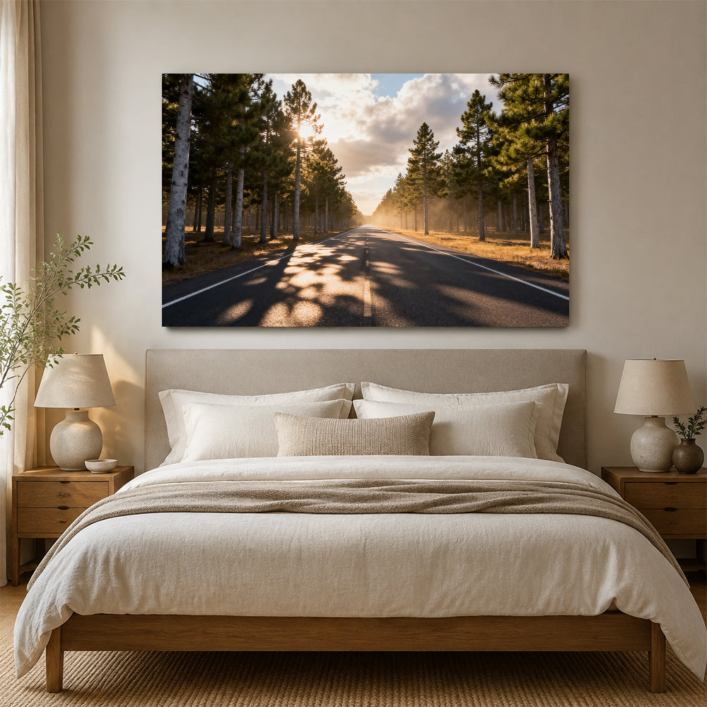 Sunlit Forest Road canvas wall art, bedroom mockup above a bed.
