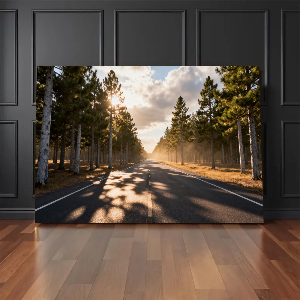 Sunlit Forest Road canvas wall art, floor display against a dark wall.