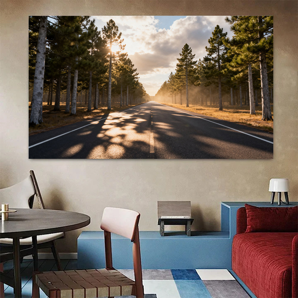 Sunlit Forest Road canvas wall art, colorful room mockup.