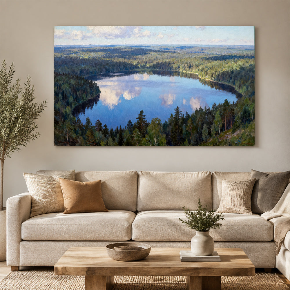 Blue Woodland Mirror canvas wall art, living room mockup above a sofa.