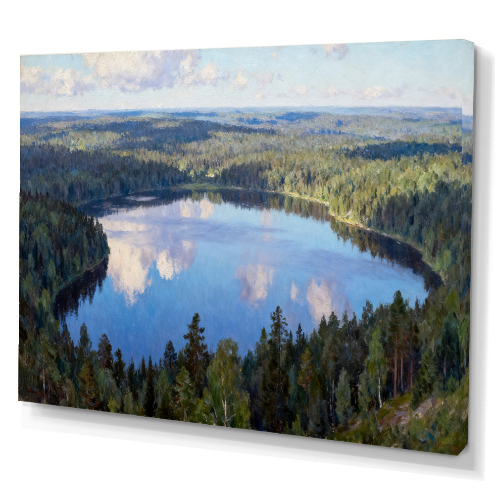 Blue Woodland Mirror canvas wall art, angled canvas mockup on a white background.