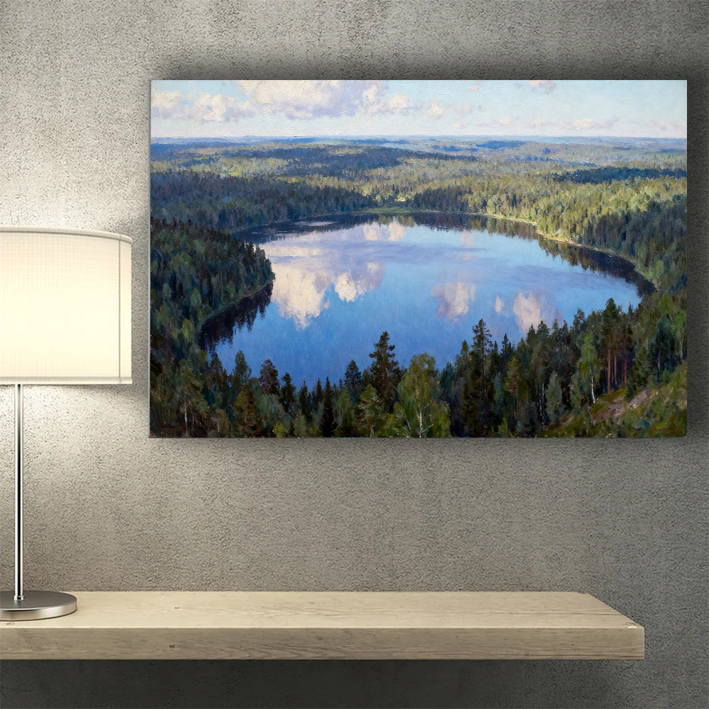 Blue Woodland Mirror canvas wall art, wall mockup above a console.