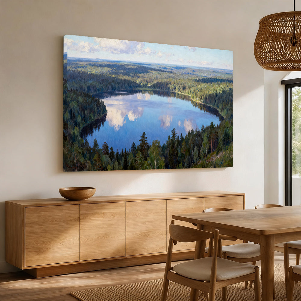 Blue Woodland Mirror canvas wall art, angled mockup above a sideboard.