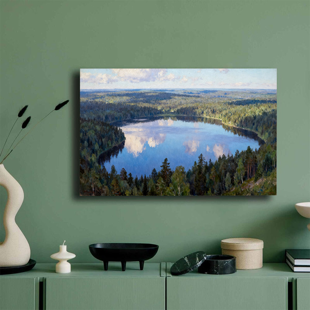 Blue Woodland Mirror canvas wall art, mockup on a green wall.