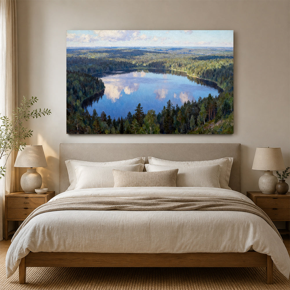 Blue Woodland Mirror canvas wall art, bedroom mockup above a bed.
