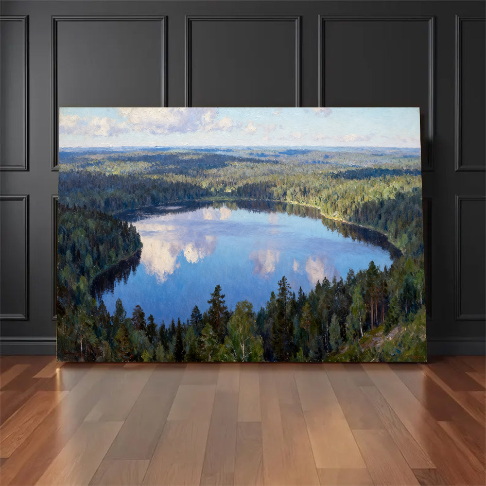 Blue Woodland Mirror canvas wall art, floor display against a dark wall.