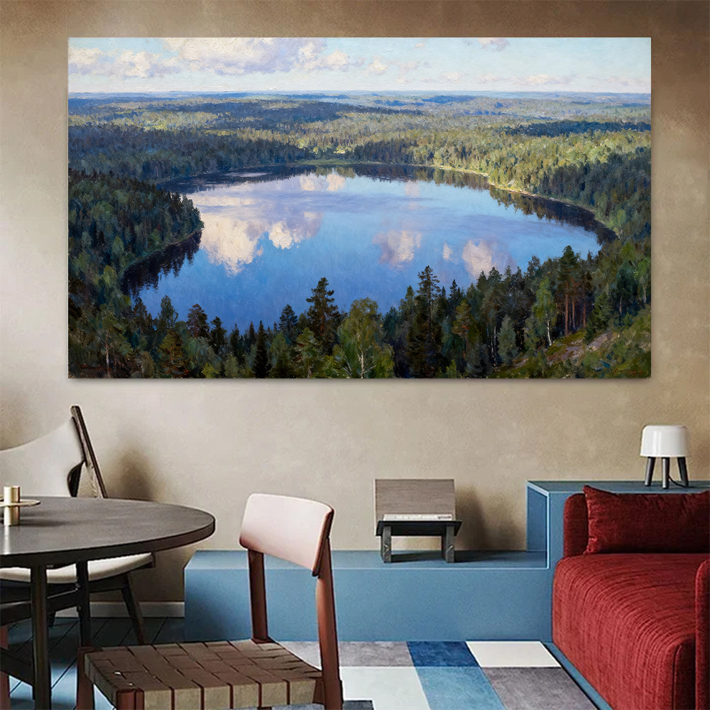 Blue Woodland Mirror canvas wall art, colorful room mockup.