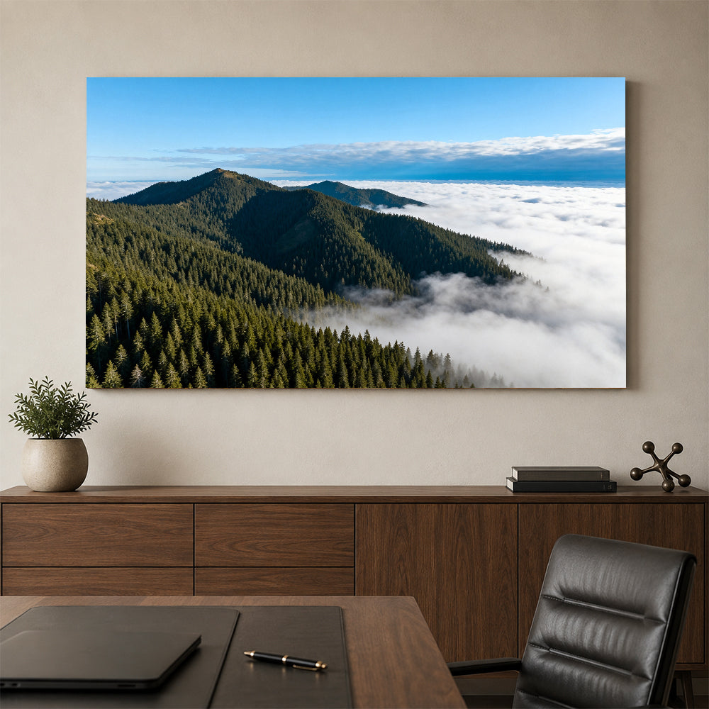 Above the Cloud Forest canvas wall art, office mockup above a desk.