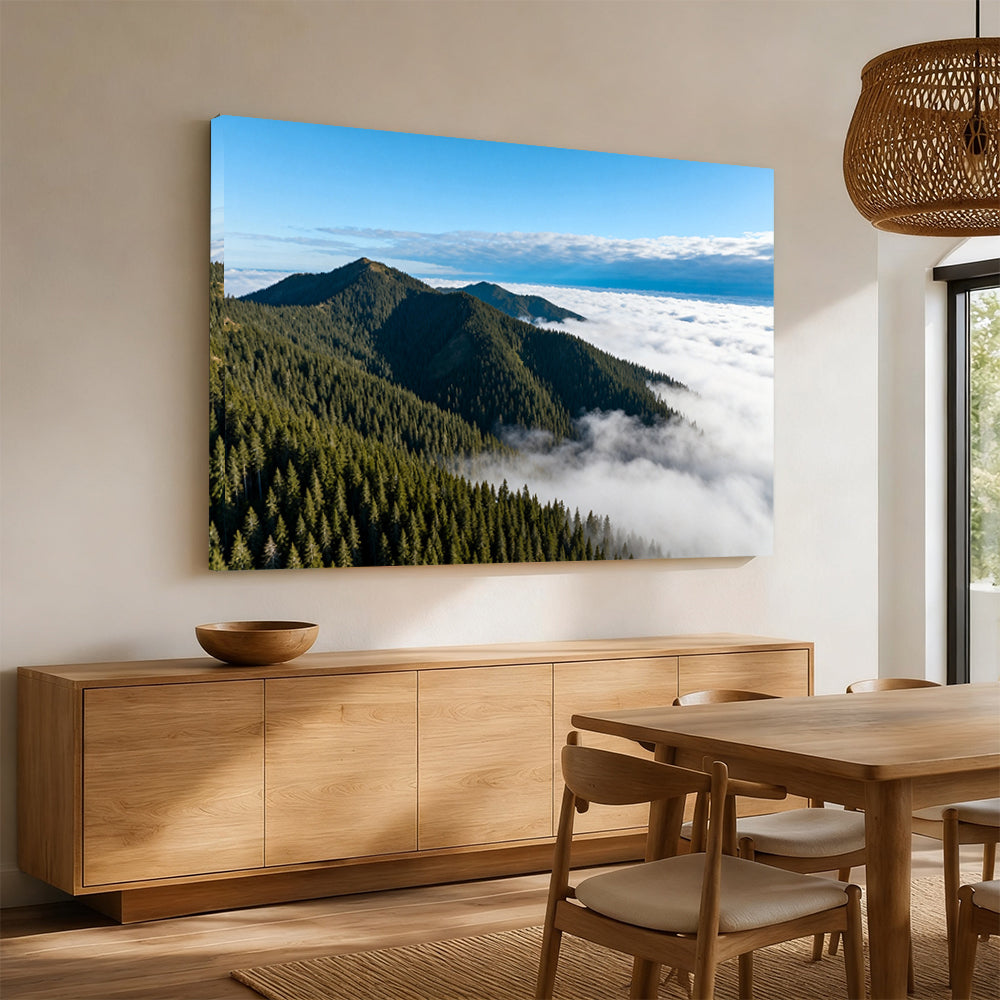 Above the Cloud Forest canvas wall art, angled mockup above a sideboard.