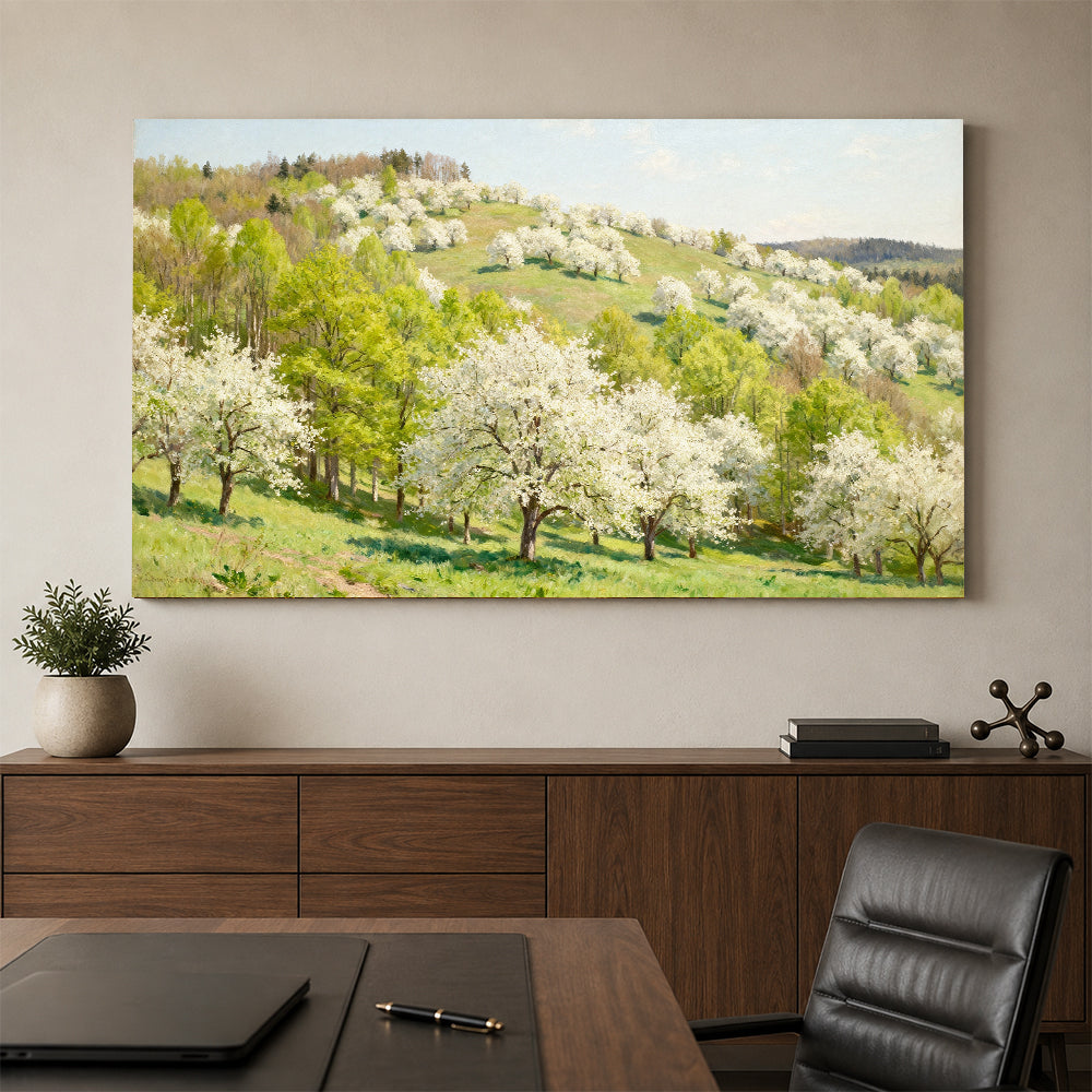 Spring Blossom Hillside canvas wall art, office mockup above a desk.