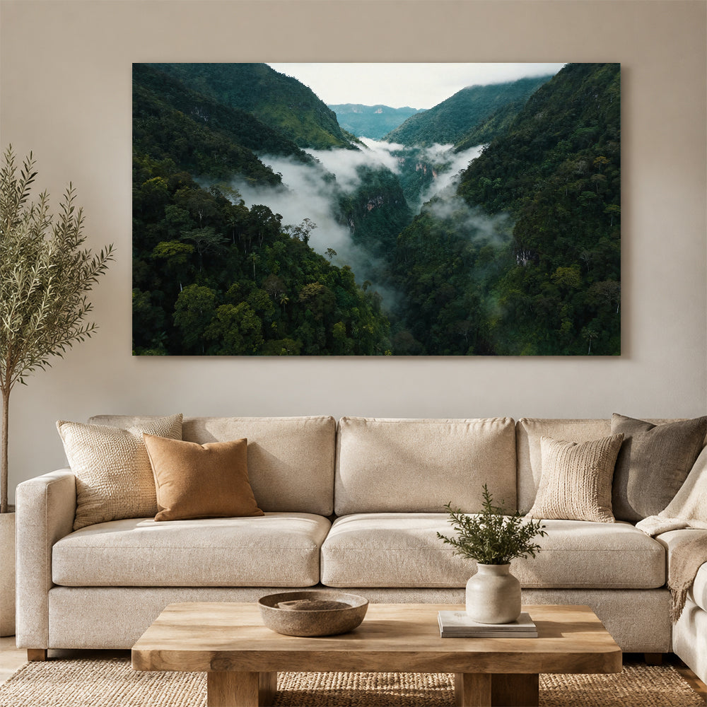 Clouds Through Green Valley canvas wall art, living room mockup above a sofa.
