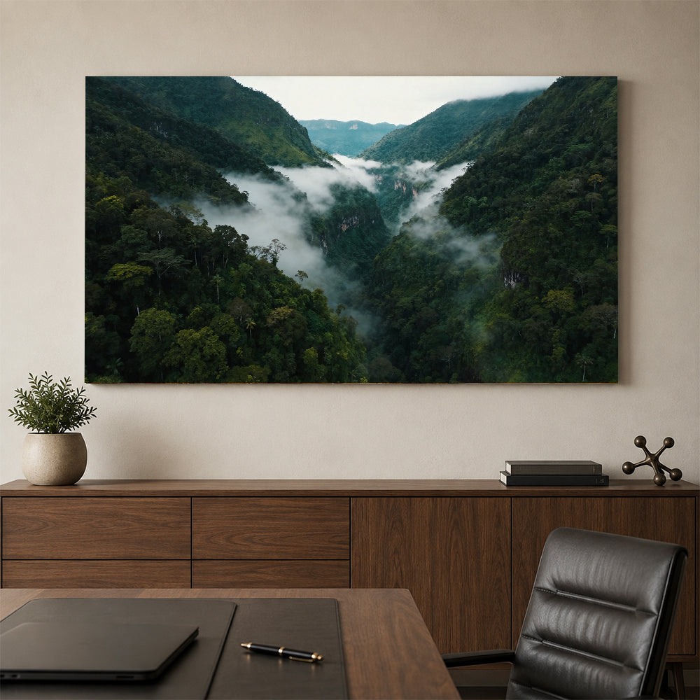 Clouds Through Green Valley canvas wall art, office mockup above a desk.