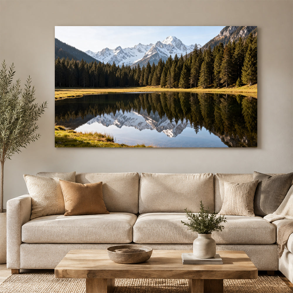 Alpine Lake Reflection canvas wall art, living room mockup above a sofa.