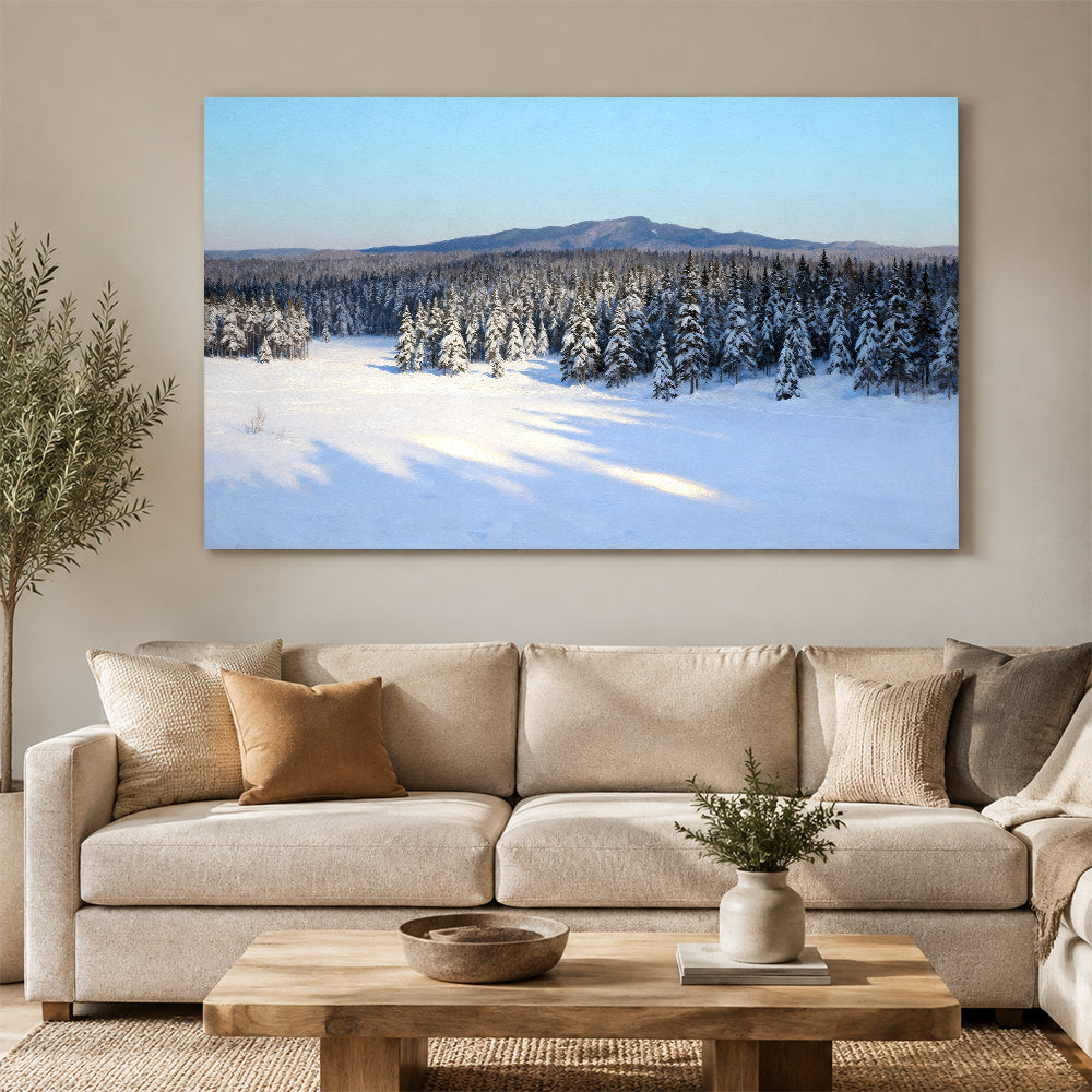 Winter Woodland Quiet canvas wall art, living room mockup above a sofa.