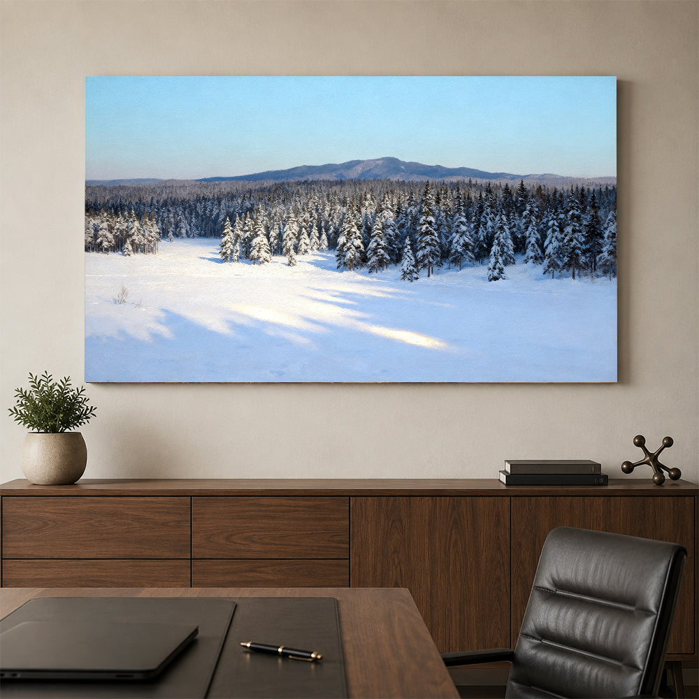 Winter Woodland Quiet canvas wall art, office mockup above a desk.