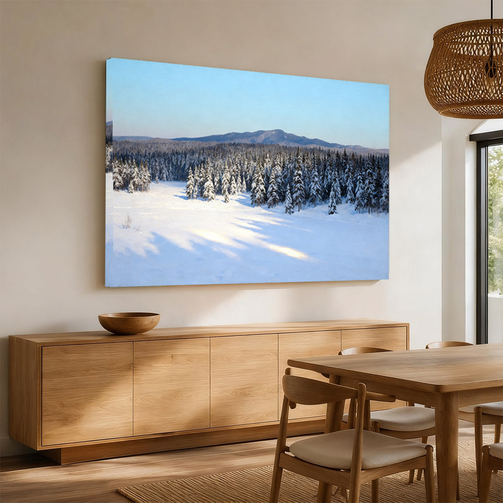 Winter Woodland Quiet canvas wall art, angled mockup above a sideboard.