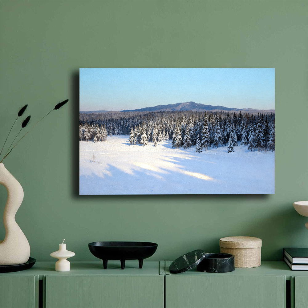 Winter Woodland Quiet canvas wall art, mockup on a green wall.