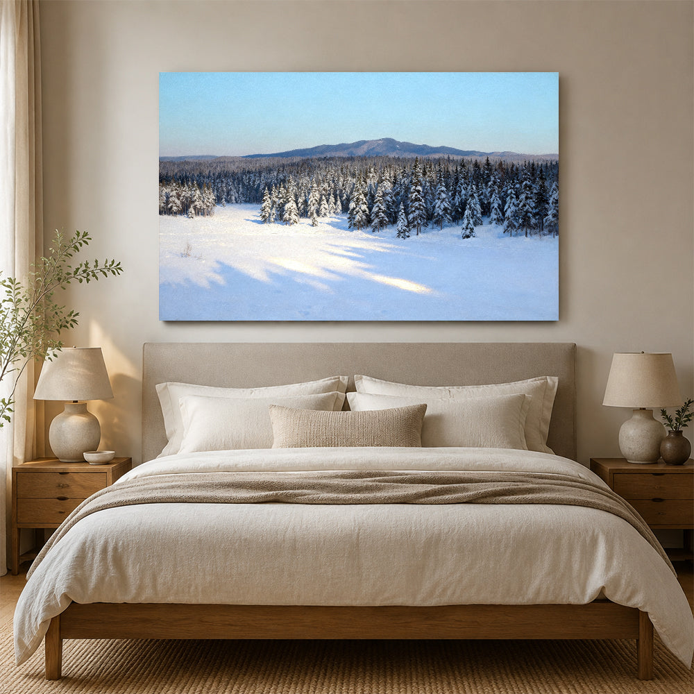 Winter Woodland Quiet canvas wall art, bedroom mockup above a bed.