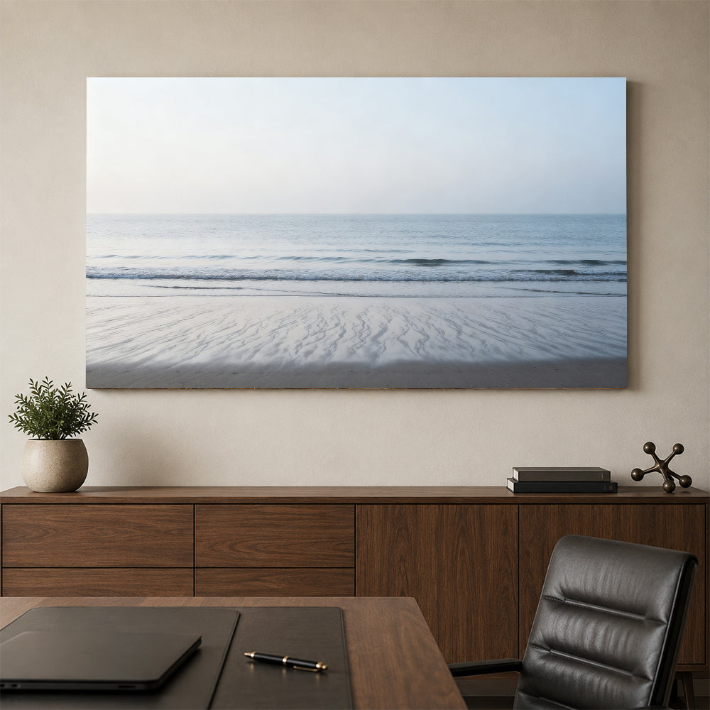 Quiet Silver Shore canvas wall art, office mockup above a desk.