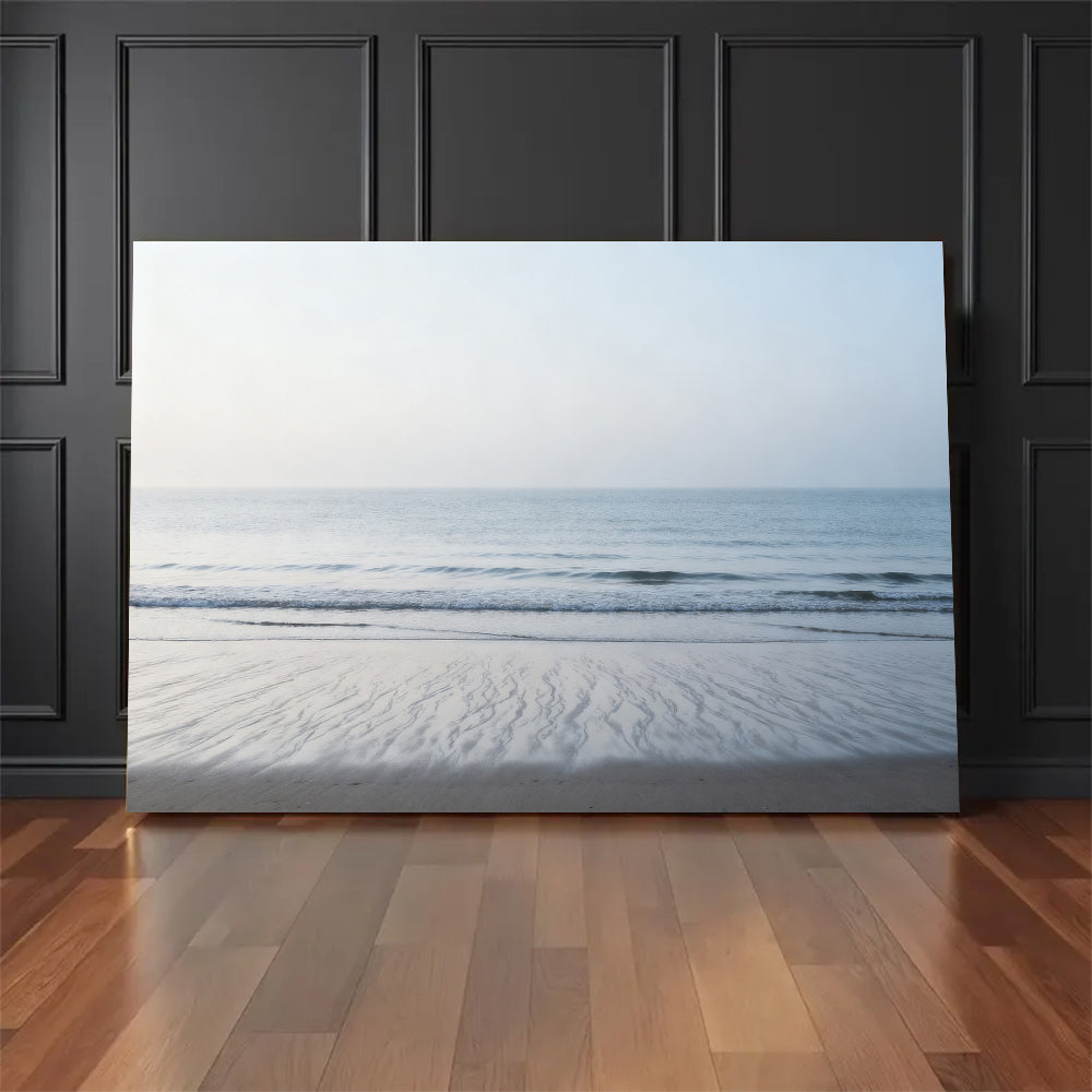 Quiet Silver Shore canvas wall art, floor display against a dark wall.