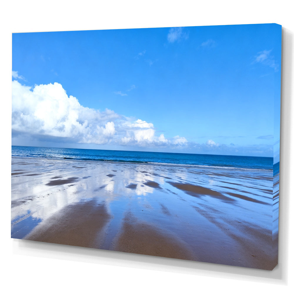 Blue Sky Tidal Flats canvas wall art, angled canvas mockup on a white background.