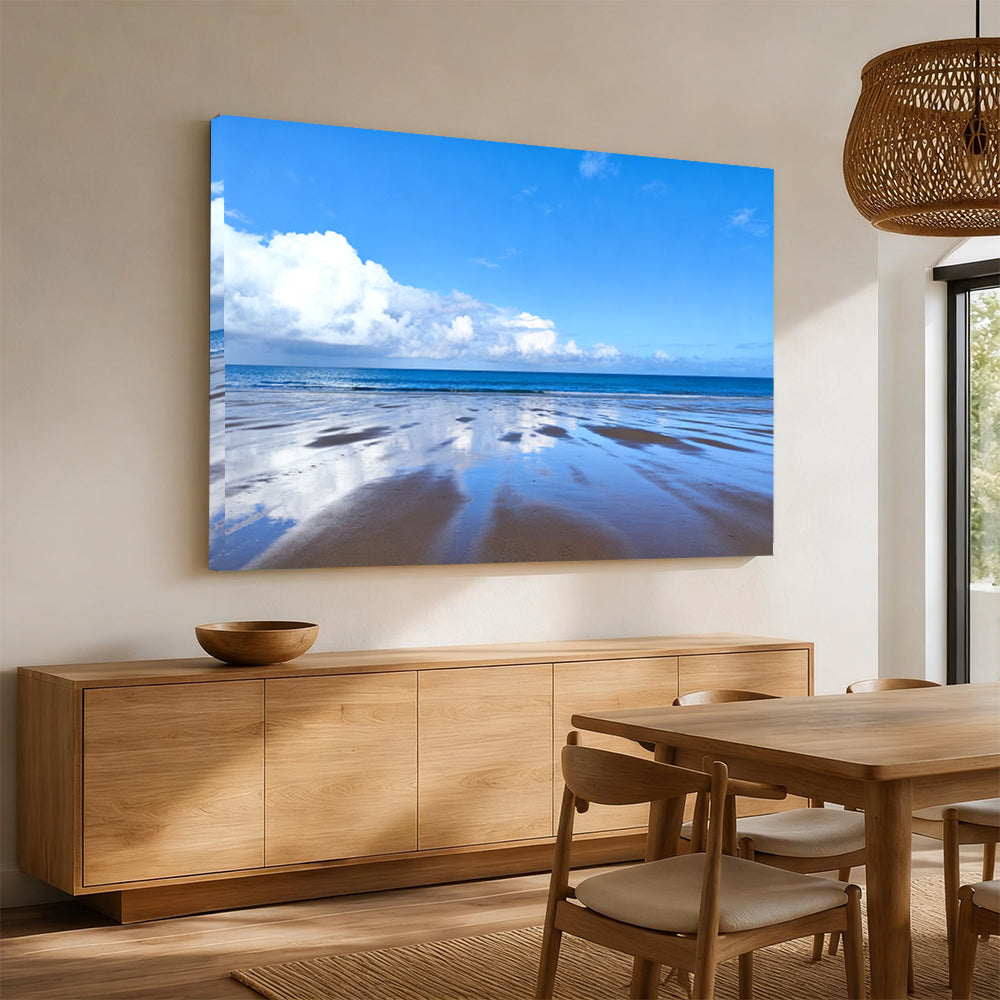 Blue Sky Tidal Flats canvas wall art, angled mockup above a sideboard.