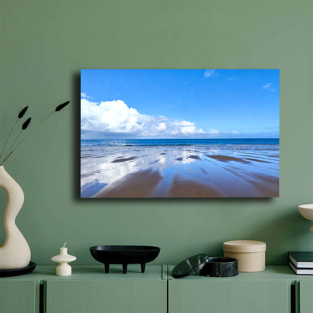 Blue Sky Tidal Flats canvas wall art, mockup on a green wall.